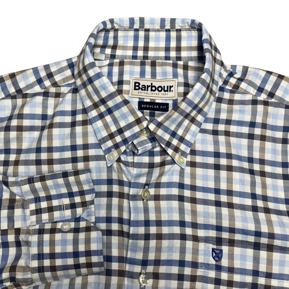 Barbour Button Down Shirt Mens Large Blue Brown Check Regular Fit Long Sleeve